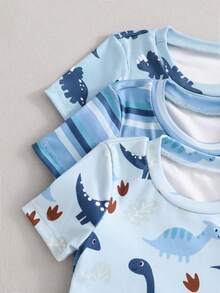 Set de 6 piezas de pijama con camiseta y pantalones cortos con estampado de dinosaurio de dibujos animados y rayas para niños pequeños - Multicolor - Ver 4