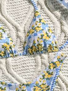 Swim Mod Women's 2pcs Lemon Random Print V-Neck Halter Tie Bikini Set Set, Summer Casual - Multicolor - View 4