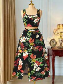 Rometta 大码复古、优雅、浪漫、度假风，黑色和彩色花卉印花露脐修身无袖上衣搭配高腰开衩长裙两件套，可拆分搭配，日常百搭，适合夏季、返校季、毕业典礼、假期、情人节、音乐节、母亲节、万圣节、感恩节、复活节、国庆节、圣诞节、晚会、约会、派对、郊游等场合。 - 彩色 - 查看 16