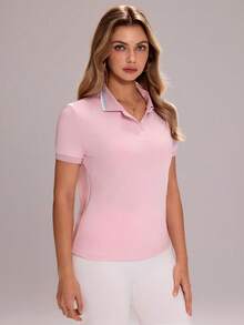 Sovereign Charm Women's Contrast Stripe Print Button Short Sleeve Sports Polo Shirt, Summer Shirt For Women Polo Golf Shirts For Women Pink Jersey For Women Plain Tops For Women Pink Golf Outfit Polo Shirts For Women Pink Golf Shirts For Women Pink Polo Shirts For Women Pink Tops For Ladies Ladies Pink Tops - Pink - View 3