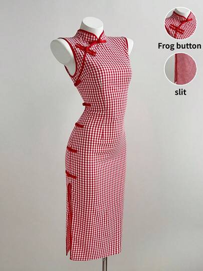 Elamini Red Plaid Mandarin Collar Button-Up Sleeveless Dress With Side Slits, Fitted Waist, Long Length, Vintage New Chinese Style, Elegant Office/Casual Wear, Spring/Summer