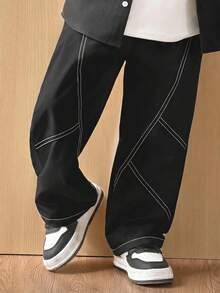 SHEIN Little Byeori 儿童/男童休闲日常舒适贴袋撞色宽松直筒工装裤，适合上学、花园、海滩、生日、春、夏、秋、冬等各种场合，黑色牛仔裤，工装裤，宽松牛仔裤，男童服装，校服，宽松裤，卡其裤，阔腿裤 - 黑色 - 查看 3