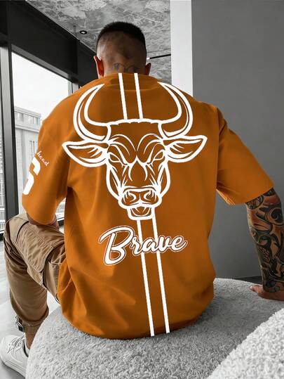 Manfinity LEGND 男士休闲日常牛头字母印花圆领短袖T恤，夏季