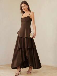 Aveloria Rosie Đầm hai dây kiểu Pháp thanh lịch, gợi cảm với phần gấu váy xếp lớp, cổ khoét sâu, hở lưng, không tay. - màu nâu - Xem 4