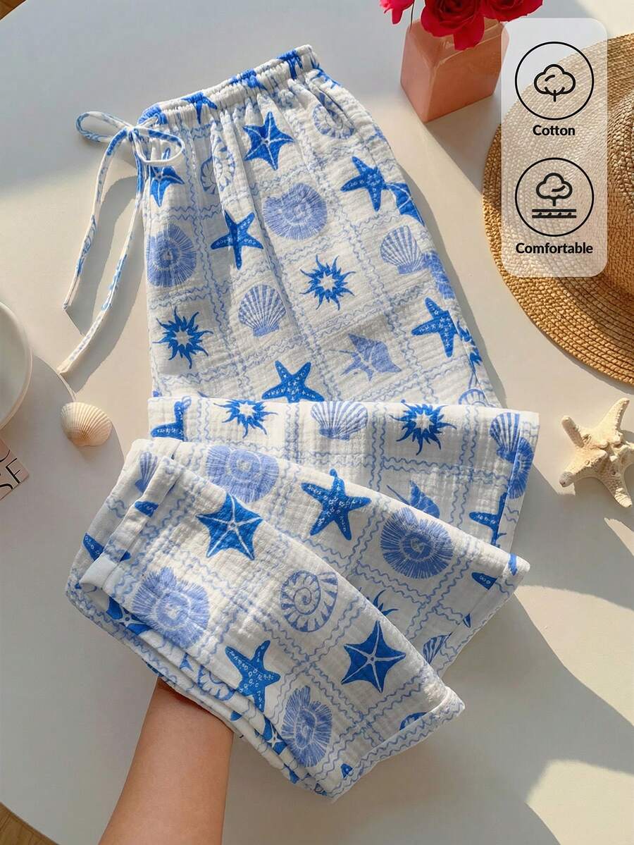 Comfortcana Quần ống rộng hai lớp bằng chiffon, cạp chun, chất liệu 100% cotton, họa tiết kẻ caro và đại dương, thích hợp mặc ở nhà và đi nghỉ mát. Hàng mới về mùa xuân/hè 2026, thời trang đa năng, phù hợp cho kỳ nghỉ biển, dạo chơi thường ngày, phong cách retro Y2K những năm 2000, món đồ không thể thiếu cho kỳ nghỉ xuân. - Màu xanh lam - Xem 1