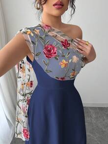 Elenzga 女款優雅不對稱領口網紗刺繡喇叭裙擺長洋裝，海軍藍花卉夏季婚禮賓客晚宴特別場合舞會禮服 - 藏蓝色 - 查看 4