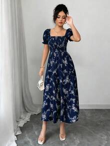 Elenzga Đầm maxi nữ mùa xuân/hè cổ vuông, tay ngắn, xếp ly, viền bèo nhún, họa tiết hoa nhỏ li ti, phù hợp cho sinh hoạt thường ngày, công sở, du lịch, đi biển, phong cách bohemian, miền Tây, lễ hội âm nhạc, phong cách đồng quê. - Màu xanh hải quân - Xem 4
