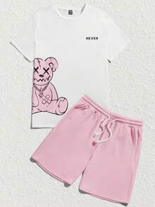 GENTILAND Conjunto informal de dos piezas estampado de punto para hombre, conjunto cómodo, cosas de pareja - Rosa - Ver 6