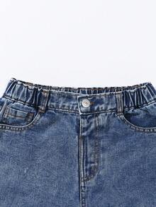 Jeans rectos y sueltos de color azul oscuro lavado para niñas, uso casual y versátil diario, diseño minimalista y de moda - Azul lavado oscuro - Ver 5