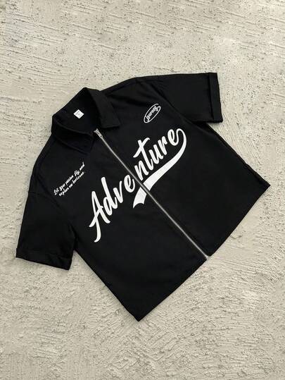 SHEIN Teen Boy Loose Fit Letter Graphic Polo Collar Short Sleeve Shirt Black,Summer,Streetwear,Graduation,Back-To-School Y2k Vacation Vintage Boho Casual