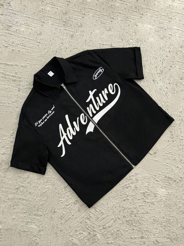 SHEIN Chemise à manches courtes avec col polo, style graphique, coupe ample pour adolescent garçon. estivales Y2K, vacances, streetwear, festival, fête, anniversaire, décontracté et confortable