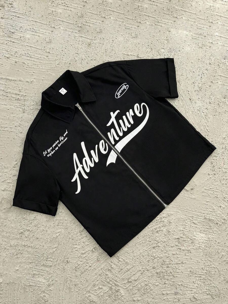 SHEIN 寬鬆版型青少年男童字母圖案POLO領短袖襯衫 夏季Y2k度假風 Ss26 街頭風 假日復古波希米亞風 節慶派對可愛生日男孩 簡約休閒舒適 - 彩色 - 查看 1