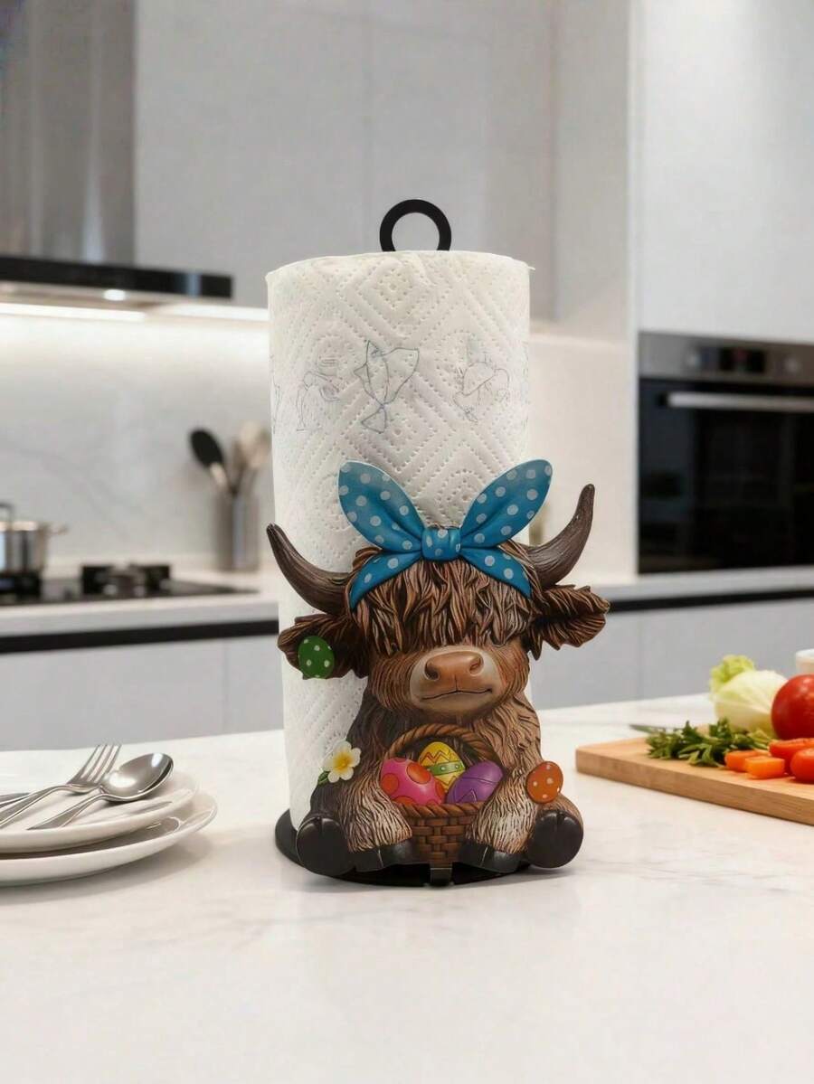 10.6-Inch Cast Iron Highland Bull-Shaped Tissue Holder - No Drilling Required, Surface Mounting, Suitable For Holiday Decoration, Kitchen, Bathroom And Parties. With A Sturdy Iron Structure, It Is Ideal For Celebration Events And Gift Decoration. - Blue - View 1