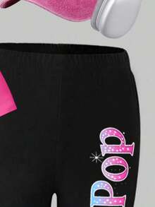 2026春夏新款时尚少女两件套，休闲时尚春夏T恤和打底裤套装，卡通图案T恤，圆领，舒适时尚休闲套装 - 黑色 - 查看 5