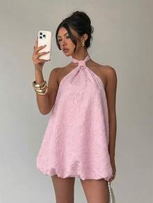 Aloruh Women's Romantic Vacation Pink Textured Fabric Mini Dress - Pink - View 6