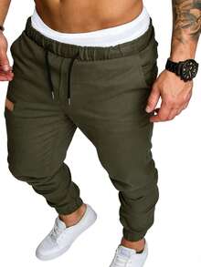 Manfinity Homme Quần nam có chi tiết vá, dây rút ở eo. - Màu xanh Ô liu - Xem 6