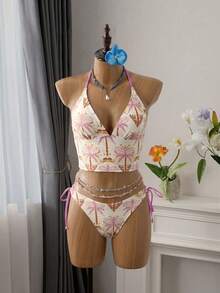 Bellisia New Women's 2-Piece Set, Skin-Friendly Fabric Random Print Halter Top And Side Tie Pants, Beach Vacation Swimwear Set, Spring/Summer - Multicolor - View 1