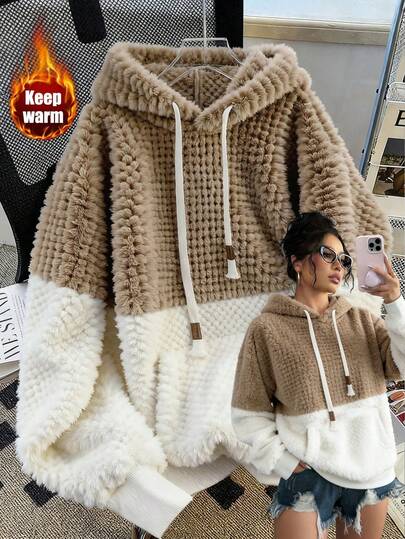 GlowEve 2025 Autumn/Winter Casual Everyday Wear High-End Design Patchwork Contrast Color Hooded Sherpa Fleece Pullover Sweatshirt, Thick & Loose Fit, Versatile