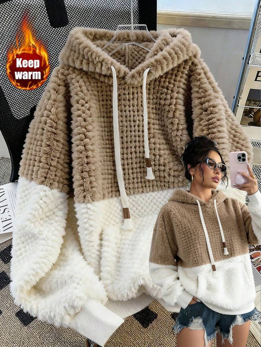 GlowEve 2025 Autumn/Winter Casual Everyday Wear High-End Design Patchwork Contrast Color Hooded Sherpa Fleece Pullover Sweatshirt, Thick & Loose Fit, Versatile - Multicolor - View 1
