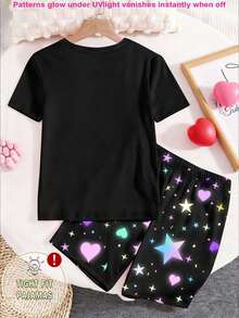 Glowmode Tween Girls Glow-In-The-Dark UV Reactive Girl Group Print Knit Top And Shorts 2-Piece Pajama Set,Black,Summer,Y2k,Home Wear,Sleep Snug Fit - Black - View 2