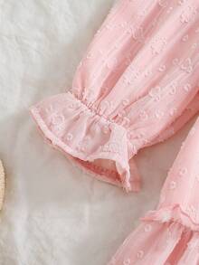 SHEIN Vintaside Kids 女童优雅公主风荷叶边领花瓣袖提花刺绣双层荷叶边下摆宽松公主裙，适合度假、旅行、派对、送礼、春秋季穿着 - 粉色 - 查看 7