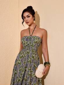 JIAN LASALA 热带印花隧道褶皱露背吊带露背女士夏季度假长裙 - 綠色 - 查看 7