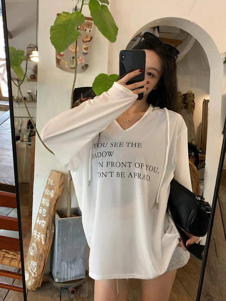 Women's Drawstring Hooded V-Neck Letter Print Casual Versatile Daily Wear Long Sleeve T-Shirt