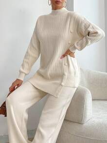 EURMUSE Women Solid Color Button Detailed Mock Neck Drop Shoulder Pullover & Sweater Pants Set - Beige - View 8