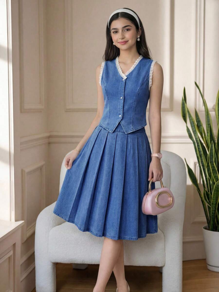 2件套蓝色牛仔无袖背心和百褶迷你裙，适合少女穿着 - 中等水洗藍 - 查看 1