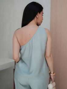 Milla Jasmine 2pcs/Set Women Solid Color Asymmetrical Collar Top And Wide Leg Pants, Vacation Style - Light Wash - View 6