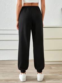 SHEIN PETITE Women Cotton Solid Elastic Waist Sweatpants - Black - View 2