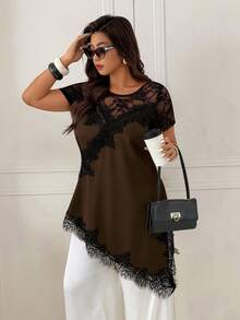 Femmeverse Plus Size Women Round Neck, Spaghetti Strap 2 In 1, Lace Patchwork Design, Slit Solid Color Dress - Brown - View 7