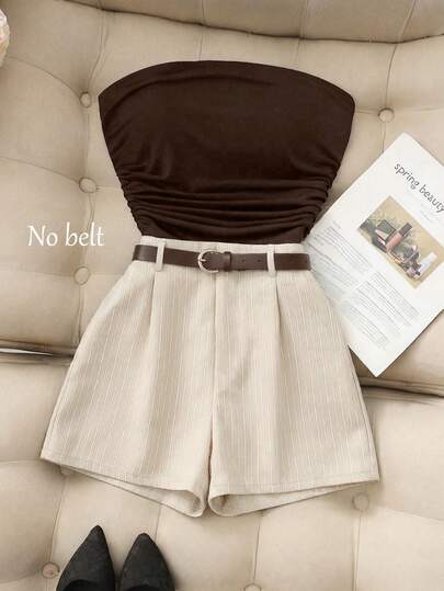 Resyla New Casual Commuting High-Stretch Solid Color Ruched Camisole And Striped Fabric Shorts 2-Piece Set, Spring/Summer Women's Shorts Suit, Contrast Color Women's Suit, Suitable For Commuting And Vacation