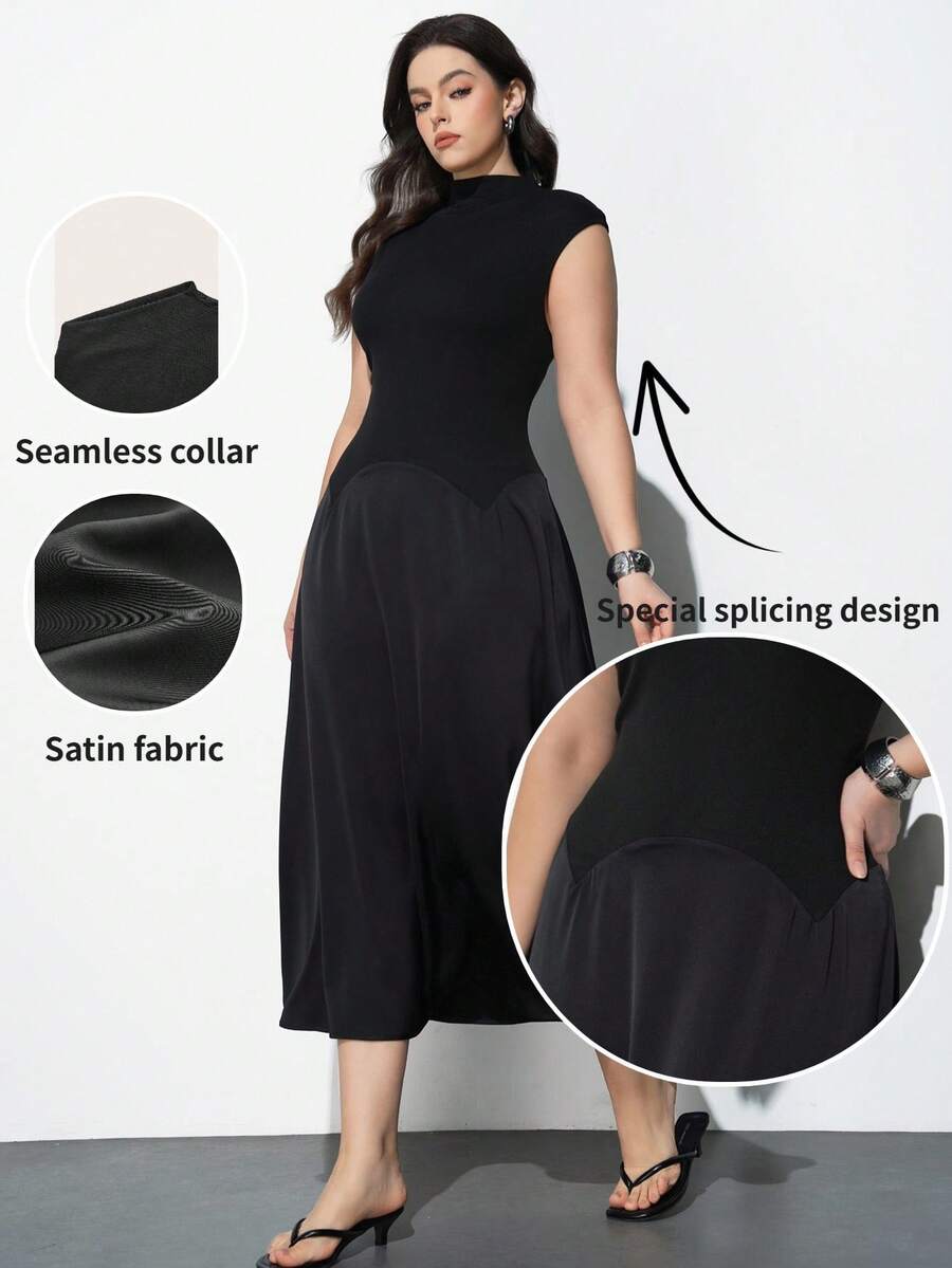 Maija 加大码黑色连衣裙，2026春夏新款，浪漫缎面拼接设计，舒适优雅的收腰廓形，适合女性办公/休闲场合穿着。 - 黑色 - 查看 1