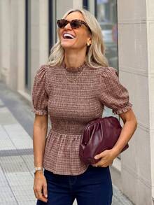 Solivie Women's Summer Short Sleeve Cable Knit Collared Shirt, Waist Cinching Plaid Blouse Peplum Top Vacation Outfits For Women Weddings & Events Easter Summer Top Women Blouses Elegant Brown Blouse Business Casual Tops Woman Red Plaid Top Puff Sleeve Top Women's Tops And Blouses Women's Plaid Blouse Blouse For Women Casual Elegant Blouse With Puff Sleeves Blouse With Smocked Bodice Work Blouses Plaid Peplum Top Women's Work Clothes For The Office Work Outfits Women Blouse For Women Elegant Classy Wome - Khaki - View 1