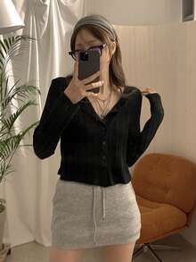 DAZY 女士休闲宽松圆领开襟T恤衫（夏季款） - 黑色 - 查看 6