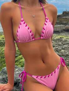 Swim Mod 女士纯色吊带露背系带泳衣套装（2件套），春夏款 - 粉色 - 查看 2