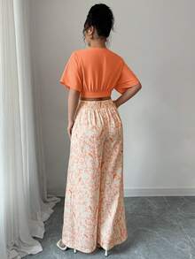 Breezaya 2 件套女士夏季 V 领短袖纽扣衬衫和高腰阔腿裤 - 橘色 - 查看 2