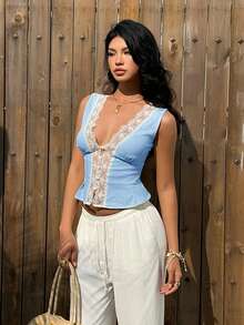 Aloruh 1127# Women's Fashion Resort Lace Patchwork Sleeveless Blouse - Baby Blue - View 6