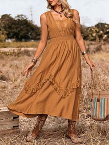 LanaWest Vestido sin mangas de unicolor con volantes en la cintura, estilo occidental para mujer - Caqui - Ver 3