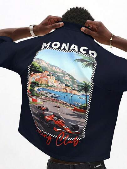 SUMWON Áo thun nam Navy Racing Monaco Club dáng rộng in họa tiết, phong cách đường phố, retro vintage, thường ngày, mùa hè.