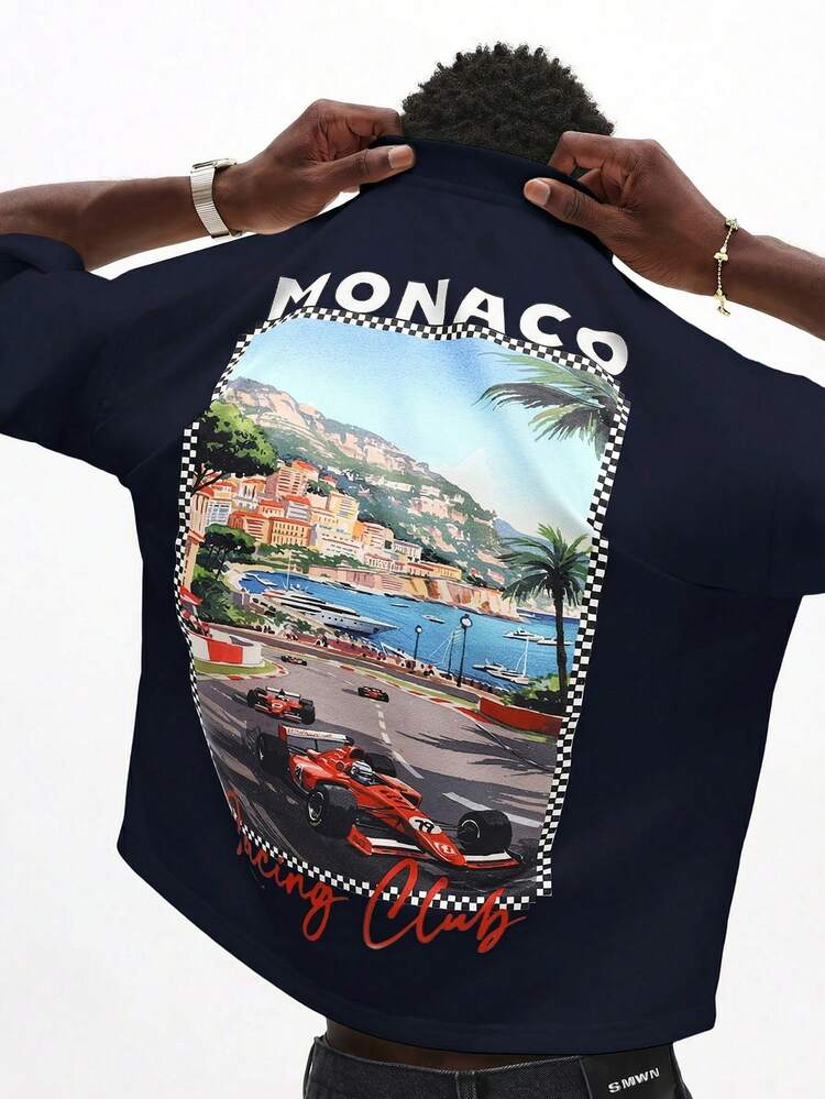 ネイビー レーシング モナコクラブ ボックスプリントTシャツ ストリートスタイル レトロ ヴィンテージ カジュアル サマー