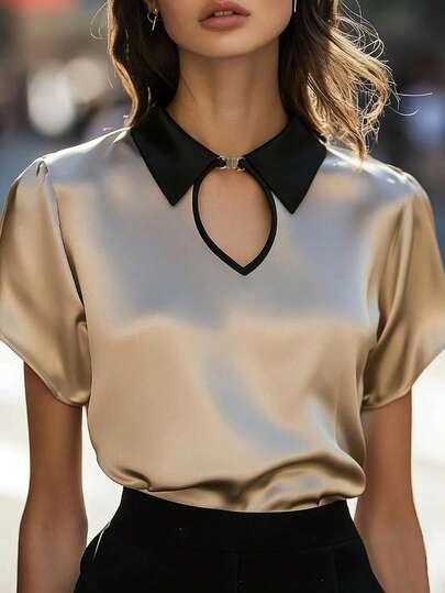 Ellegaria. New Arrival Spring/Summer Women Polo Collar Color Block Short Sleeve Shirt