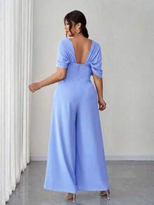 Elenzga Eleganter romantischer Jumpsuit für Damen in Große Größen mit asymmetrischem Kragen und taillierter Passform - Blau - Übersicht 2
