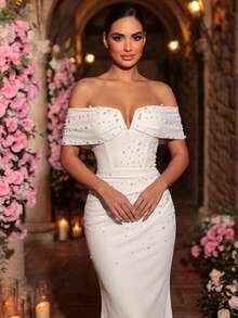 Glamrae Đầm trắng thanh lịch và quyến rũ cổ chữ V trễ vai, chất liệu dệt kim co giãn, xếp ly, dáng đuôi cá ôm sát, xẻ tà cao, thích hợp cho đám cưới, tiệc tùng, lễ tốt nghiệp, kỳ nghỉ, váy cưới. - trắng - Xem 2