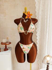 Swim SXY Nuevo conjunto de baño de 4 piezas para mujer, elegante y bohemio, con estilo Y2K y sexy, con estampado tropical y de leopardo. Incluye: top de bikini con escote halter y detalle de argolla dorada, cubierta de manga larga con cuello cowl de malla transpirable, falda mini fruncida con cordón y Bottom de bikini tipo cheeky. Ajuste estilizador, con vibra bohemia y de playa. Perfecto para vacaciones de verano, resort, fiestas en la piscina, festivales de música, bodas, vacaciones de primavera y escapadas tropicales. - Multicolor - Ver 5