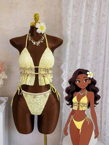 Bonvoyette 新款春夏黄色提花面料海星贝壳饰边细肩带比基尼套装 - 黃色 - 查看 6