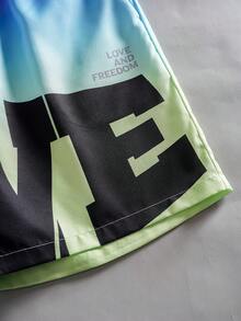 ROMWE MEN Prep Pantalones cortos sueltos de moda casual de verano para hombres con estampado de letras degradado y cordón en la cintura - Multicolor - Ver 3
