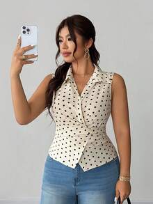 Elenzga Plus Size Women's Beige Summer Elegant Office Polka Dot Sleeveless Collared Shirt,Twist Tie Waist Fitted Short Top,Retro French Smooth Fabric - Multicolor - View 1