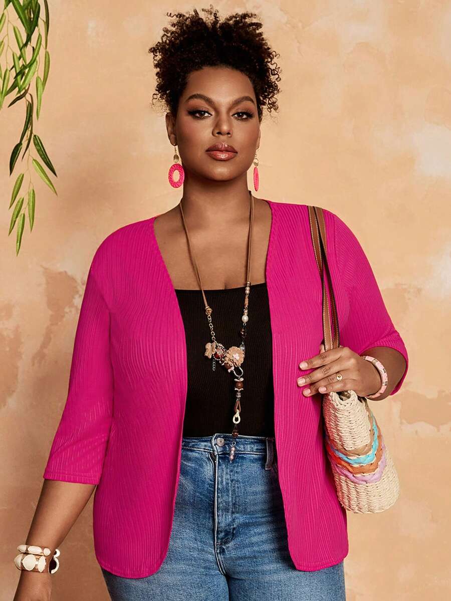 BrightlyHer Áo khoác cardigan dệt jacquard tay dài cỡ lớn dành cho nữ đi biển mùa xuân hè - Màu Hồng Tươi - Xem 1